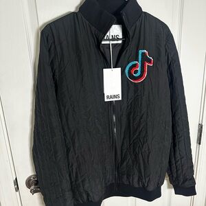 Rains Black Quilted Jacket with Embroidered Logo - Small